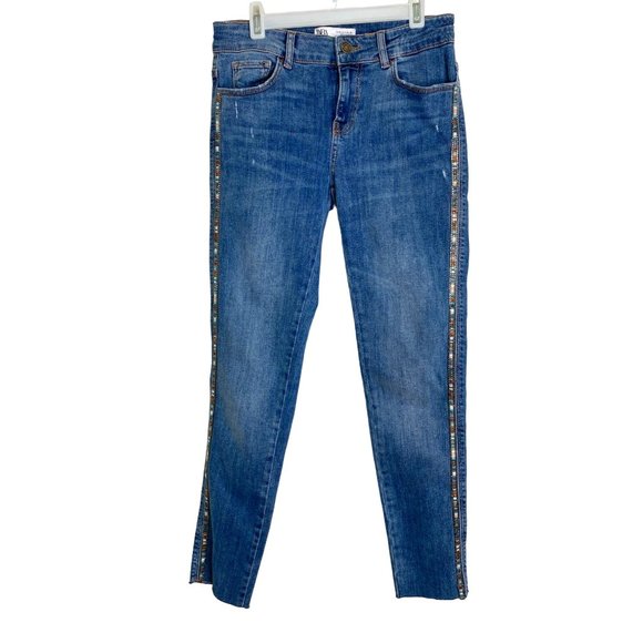 Zara Womens Blue Jean with Decorative Side Beading and Unfinished Hem Size 4 - Picture 1 of 11